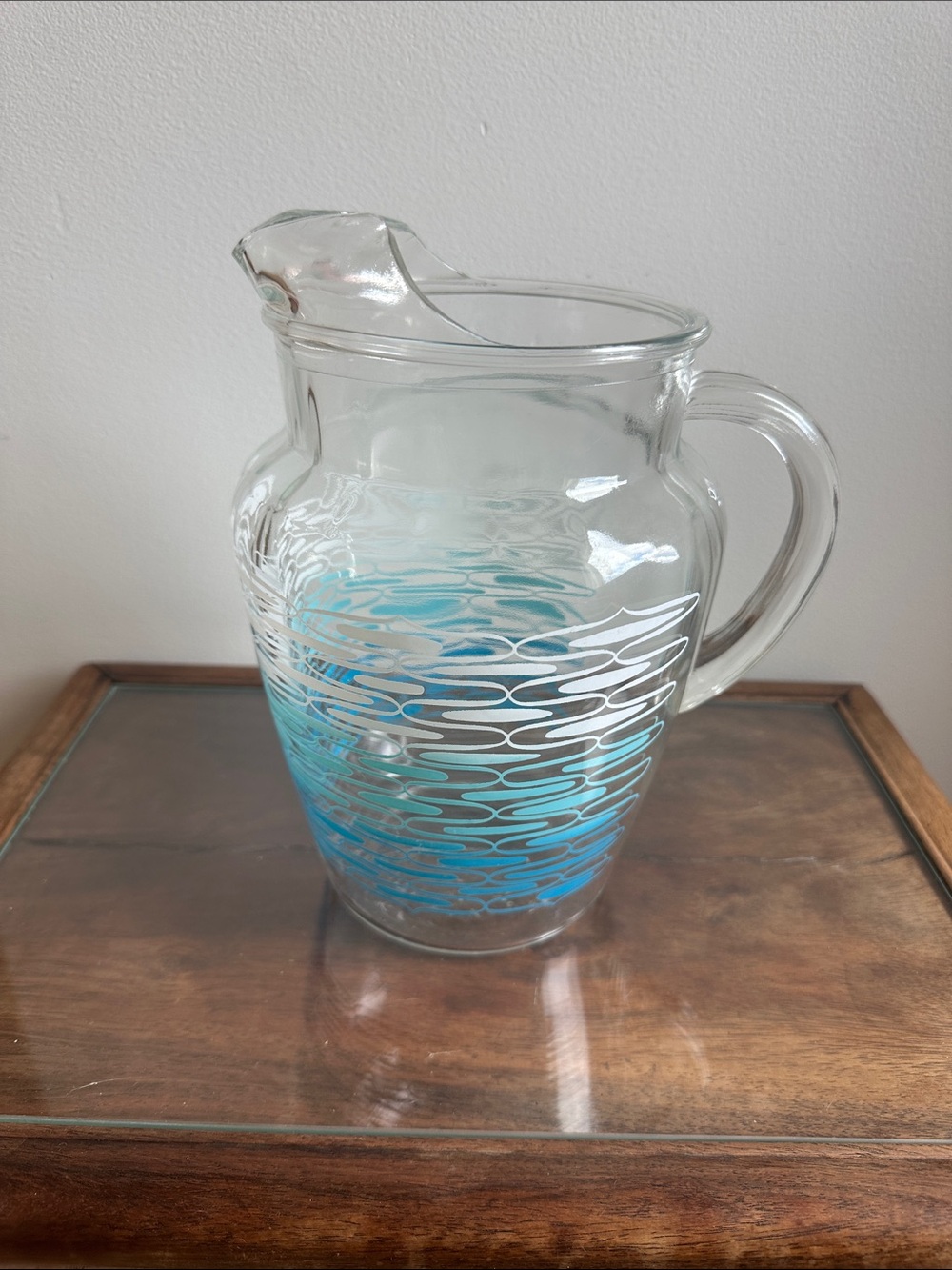 Vintage Anchor Hocking Clear Glass Pitcher with Blue Wave Design -